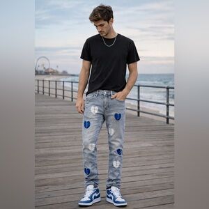 Pheelings Mens Sz 28 Light Wash Broken Heart Print Skinny Ankle Jean Streetstyle